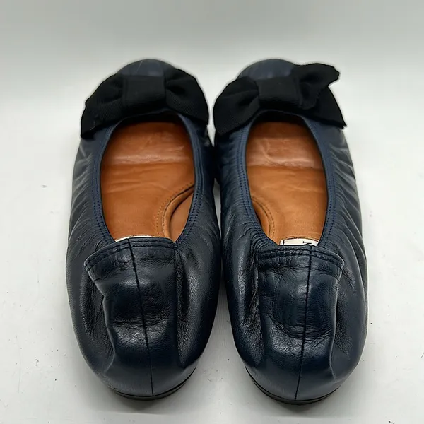 Lanvin Paris Navy Blue Leather Black Bow Ballet Flats Shoes **Size 37.5/US 5.5** - Image 5