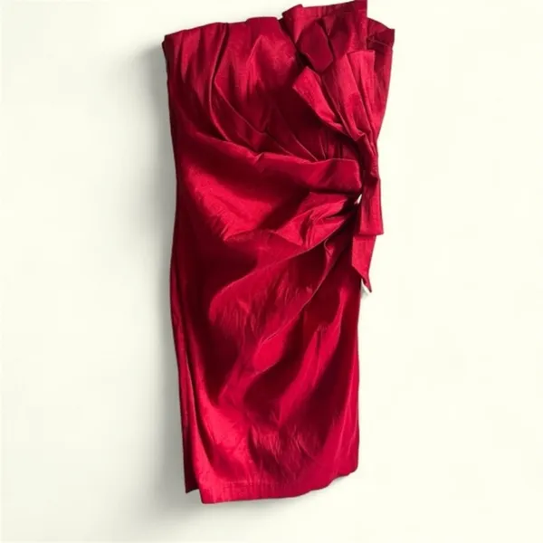 Cindy Strapless Red Satin Cocktail Dress Bow Detail XS - Image 2