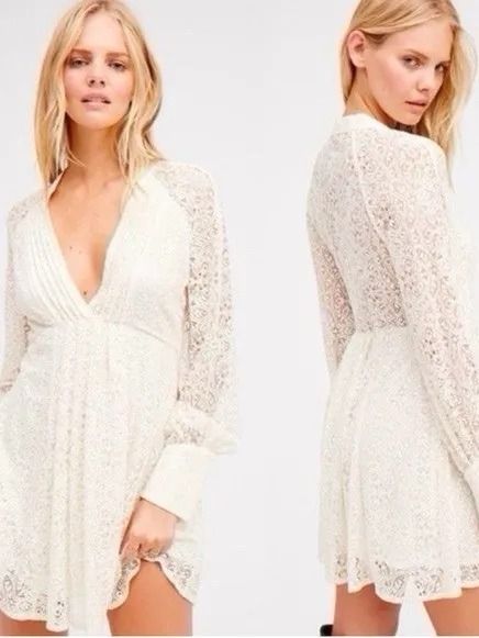 Free People Ivory White Uptown Lace Long Sleeve Mini Dress - Image 2