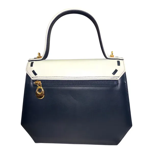 Vintage Madras Leather Crossbody Bag Top Handle Navy Blue Cream M logo - Image 4