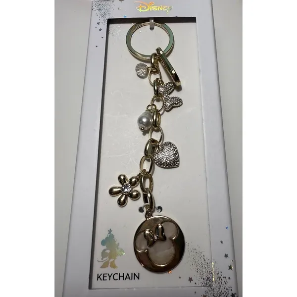 Disney Minnie Mouse Gold Tone‎ Charm Keychain LA Rocks Heart Flower Pearl NIB - Image 2