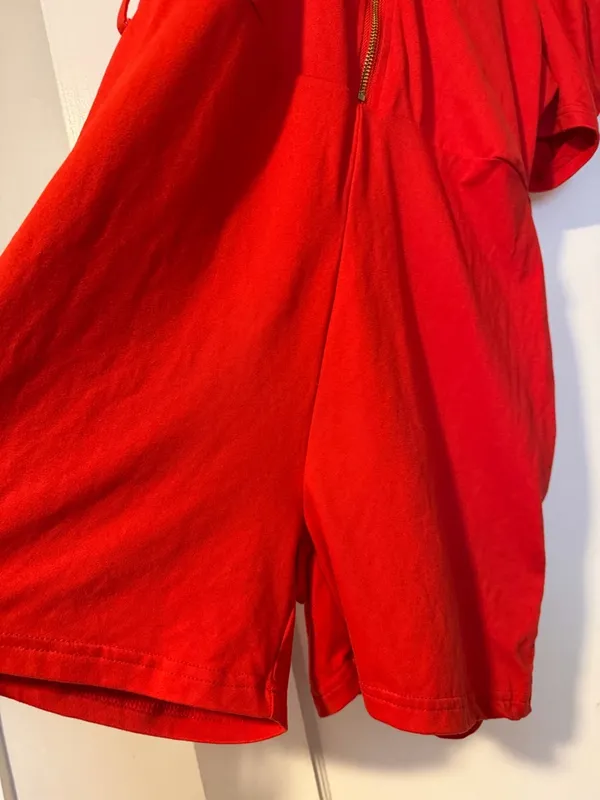 Red Puff Sleeve Short Romper with Center Zip Size L - Image 2