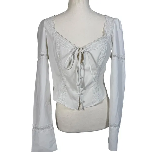 Mistress Rocks Lace Trim Tie Front Top Womens Medium White Bell Sleeve Corset - Image 7