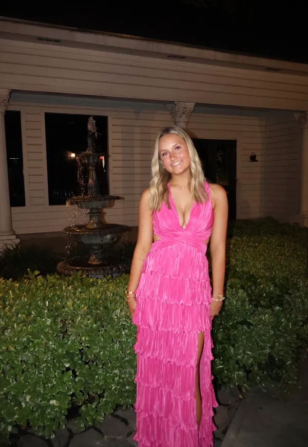 Lulus icon pink satin pleated tired lace up maxi dress - Image 3
