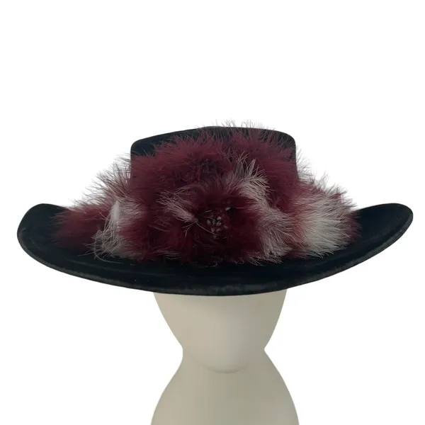 Bailey 7 1/8 Cowboy Hat U-Rollit Feather Trim Vintage Western Black Burgundy - Image 2