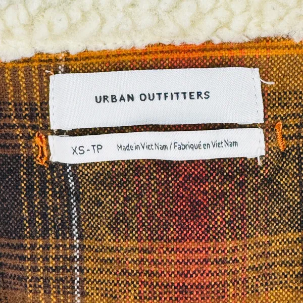 Urban Outfitters Plaid Jacket Sherpa Collar Button Front Orange Black XS‎ Grunge - Image 3