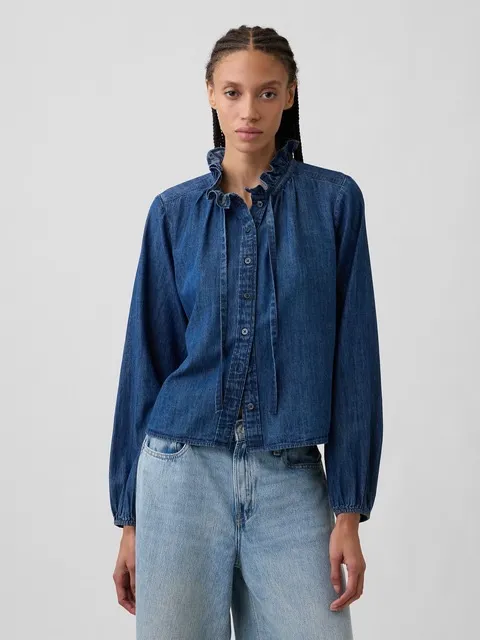 Gap Relaxed Denim Top Size XS 100% Cotton Long Puff Sleeve Button Front Preppy - Image 8