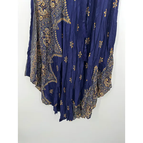 Boho Indie Sleeze Navy Blue Paisley Smocked Waist Handkerchief Hem Skirt L/XL - Image 6