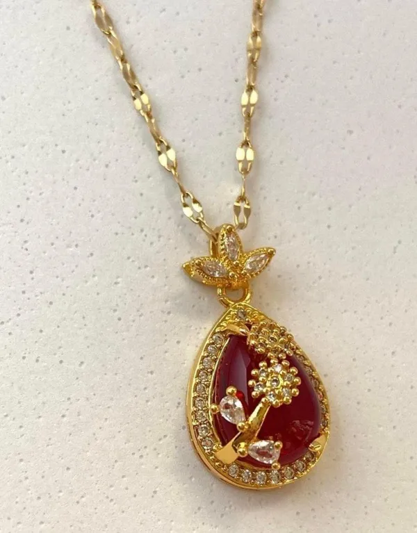 18K Gold Plated Red Crystal Flower Pendant Necklace for Women - Image 2