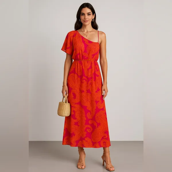 Nine & Co. Women’s One-Shoulder Maxi Dress Size 10 Orange Pink Paisley - Image 2