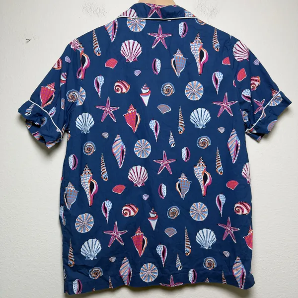 Printfresh Women Cotton Pajama Top XS Blue Seashell Starfish Button Front Pocket - Image 9