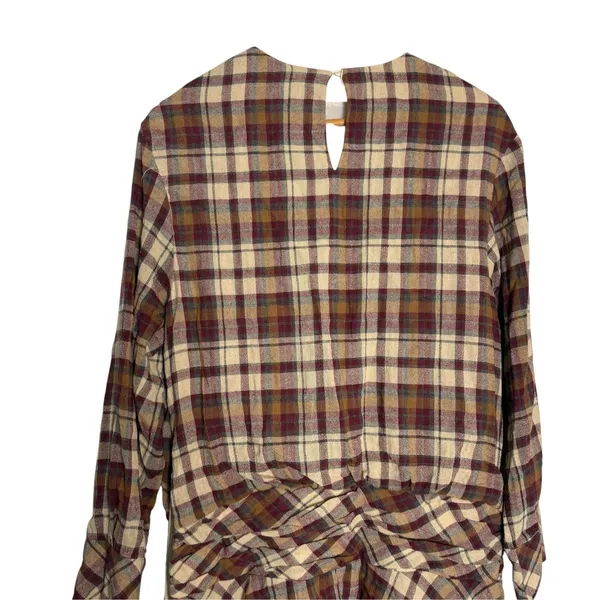 Zara Ecru Maroon Plaid Long Sleeve Ruched Flounce Flare Blogger Mini Dress Small - Image 7