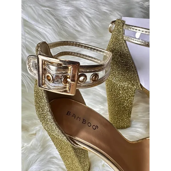 Bamboo Tournament 77M Size 7.5 Gold Platform Heels Festival Boho Strappy Glitter - Image 2