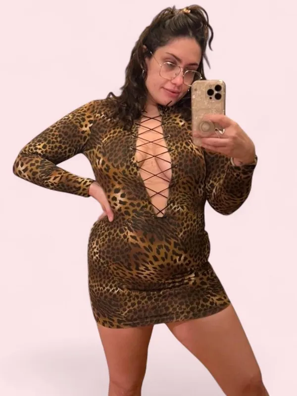 Cheetah Print Lace-Up Bodycon Mini Dress - Image 2