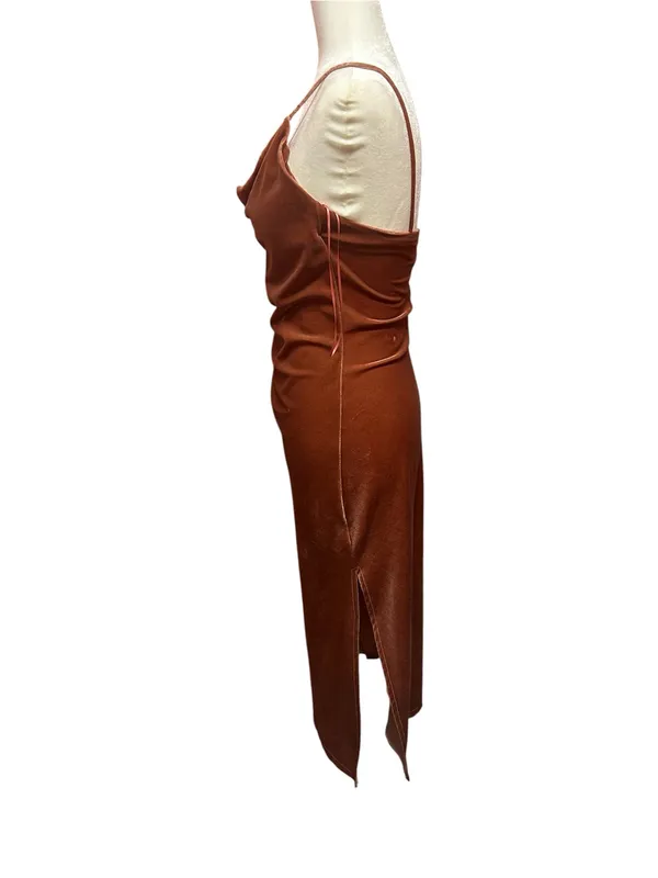 Edit by Nine velvet Cowl Neck Draped Midi Slip-style Dress in Copper Brown/Rust - Image 3