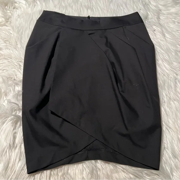 Black High Waisted Tulip Mini Skirt Draped Crossover Front Size Medium - Image 2