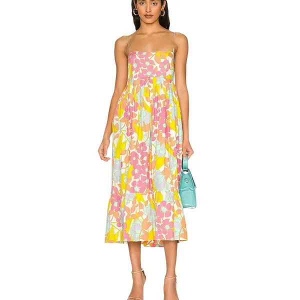 S/W/F En-Flowered Midi Dress Medium Pink‎ Floral Retro Mod Boho Sundress Cotton - Image 2