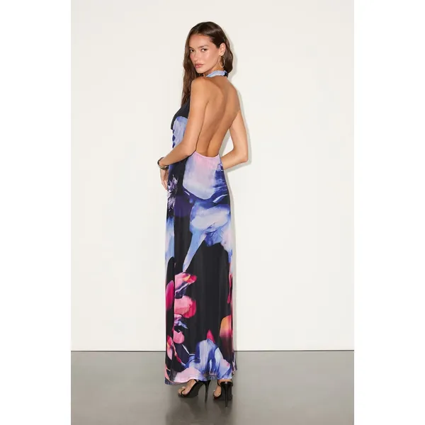 NWT Lulus Rania Black Multi Floral Mesh Backless Maxi Dress Resort Party Gala L - Image 3
