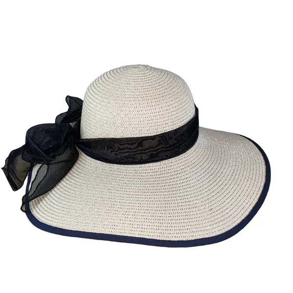 Wide‎ Brim Paper Straw Sun Hat Beige Black Organza Ribbon Bow Adjustable - Image 4
