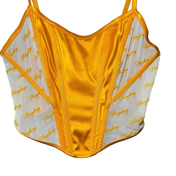 Playboy Women's L Gold Satin Mesh Logo Corset Bustier Y2K Festival Clubwear‎ Top - Image 9