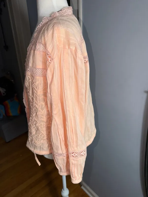 Free People Peach Lace-Trim Tie-Front Crop Top - Image 7
