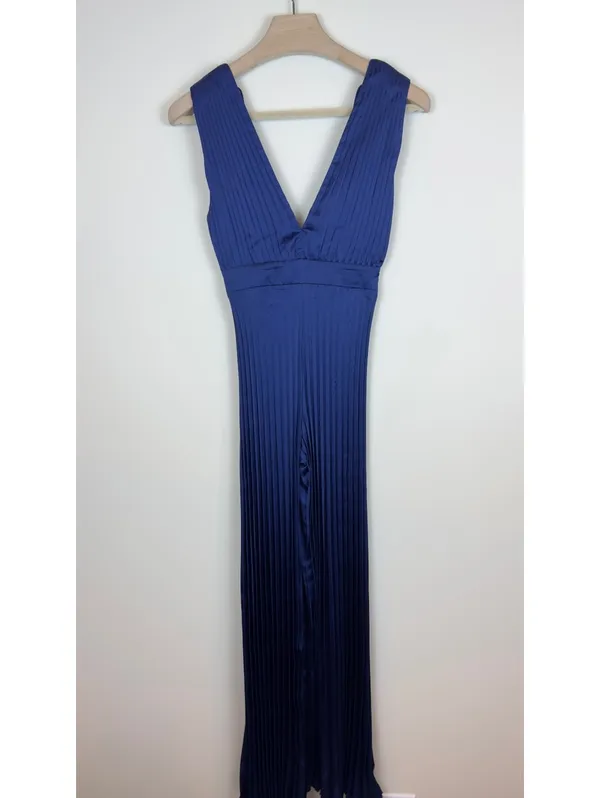 Abercrombie & Fitch Giselle Pleated Satin Jumpsuit Navy Blue XXSP Wide Leg - Image 3