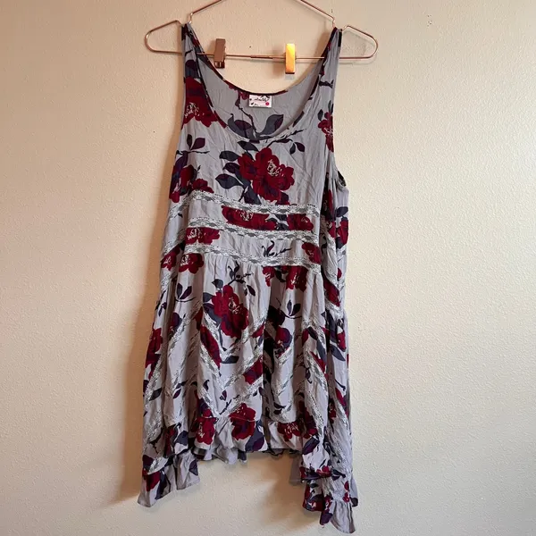 Free People Slip Dress Womens Small Grey Burgundy Voile Lace Trapeze Boho Mini - Image 6
