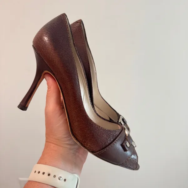 Christian‎ Dior Vintage Y2K Brown Leather CD Logo Buckle Peep Toe Pumps 37.5 - Image 3