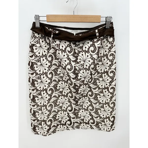 Cynthia Cynthia Steffe Brown White Linen Cotton Embroidered‎ Knee Length Skirt 6 - Image 2