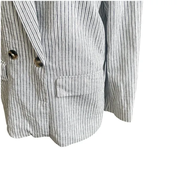 Zara Women’s Striped Linen Blend Boyfriend Blazer Size Medium Two Button Blue - Image 4