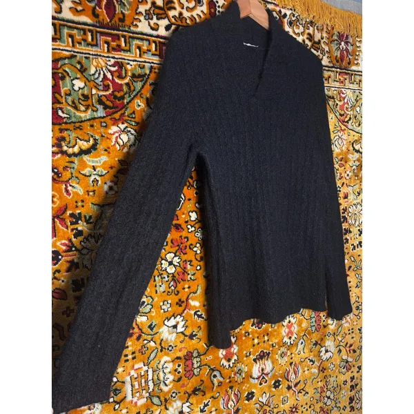 Italian Mohair Blend V-Neck Sweater Soft Fuzzy Black Stretch Knit sz L Italy - Image 4