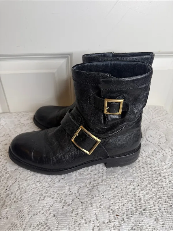 Jimmy Choo Black Leather Moto ankle fur Boots sz 6.5 (37) - Image 5