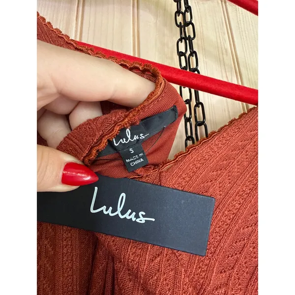 NWT Lulus Coveted Sweetness Rust Pointelle Knit Long Sleeve Mini Dress Party S - Image 8