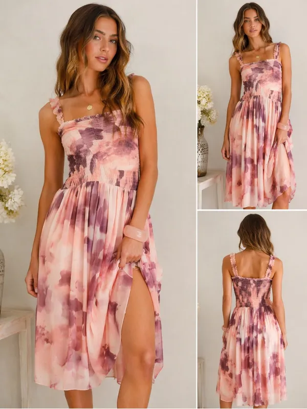 Free People Tessa Smocked Midi Dress NWT XS Pink Floral Ruched REVOLVE - Image 2