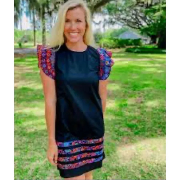 Pinch Black Cotton Shift Dress S Floral Flutter Sleeves Pockets - Image 11