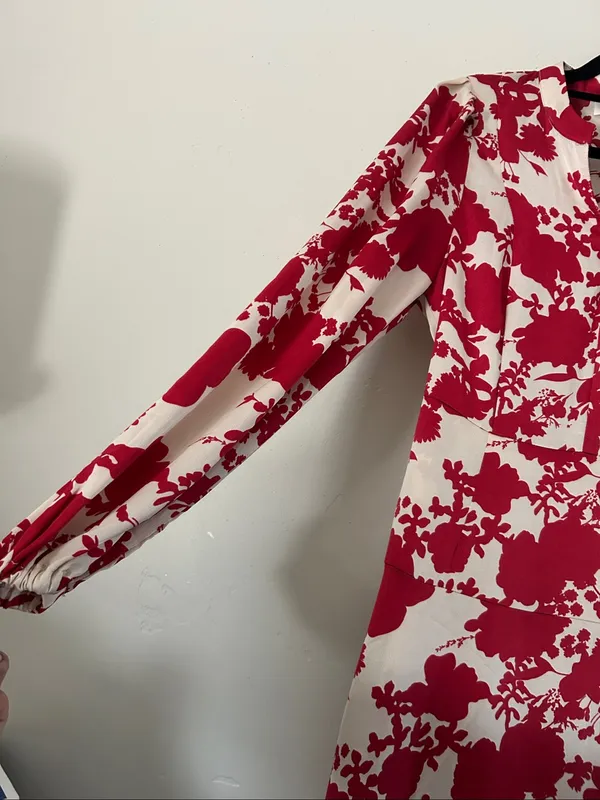 Melloday Red & Cream Floral Faux Wrap Long Sleeve Maxi Dress Sz Small - Image 4