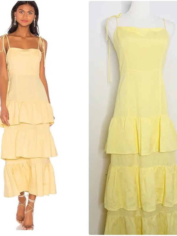Capulet Yellow Linen Tiered Midi Maxi Dress Tie Strap Revolve Size Small - Image 2