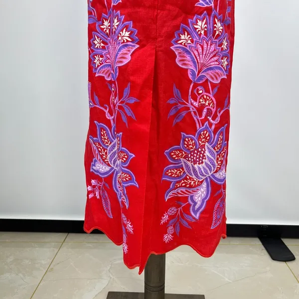 NWOT Farm Rio Red Porcelain Garden Scalloped Linen Midi Skirt Size S - Image 8