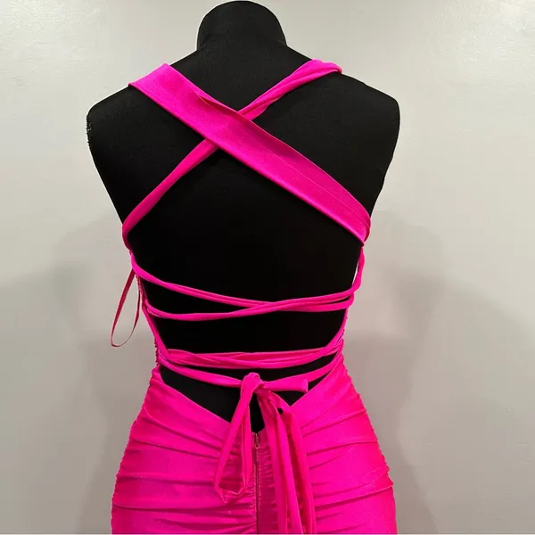 La Femme 28506 Off the Shoulder Ruched Gown Long Dress Hot Pink 4 - Image 4