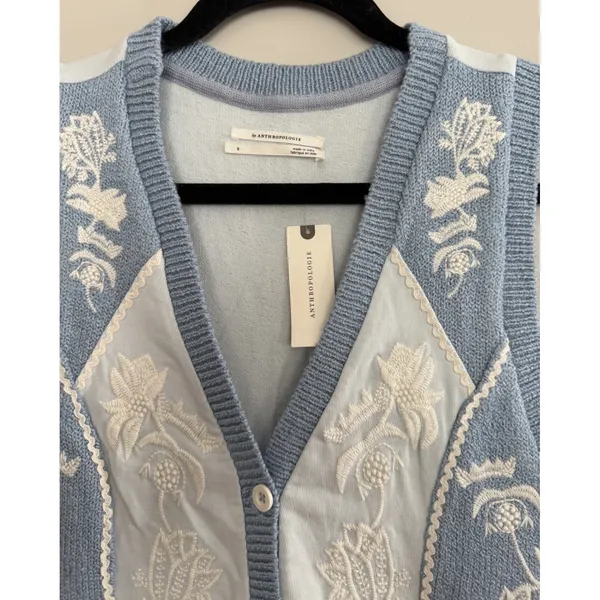 Anthropologie Embroidered Sweater Vest Blue Women's Size Small‎ - Image 3