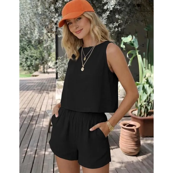 NWT Women Linen 2 Piece Outfit Black Crop Tank Top and Shorts Set Size L - Image 2