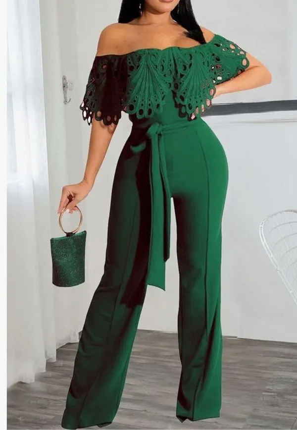 NEW Green Off Shoulder Solid Wide Leg Jumpsuits L NO BELT - Image 5