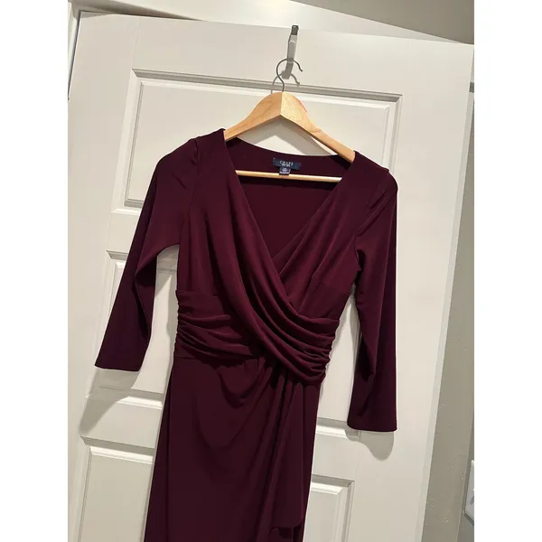 Chaps Womens XS Purple‎ Faux Wrap Ruched Sheath Dress 3/4 Sleeve V-Neck - Image 3