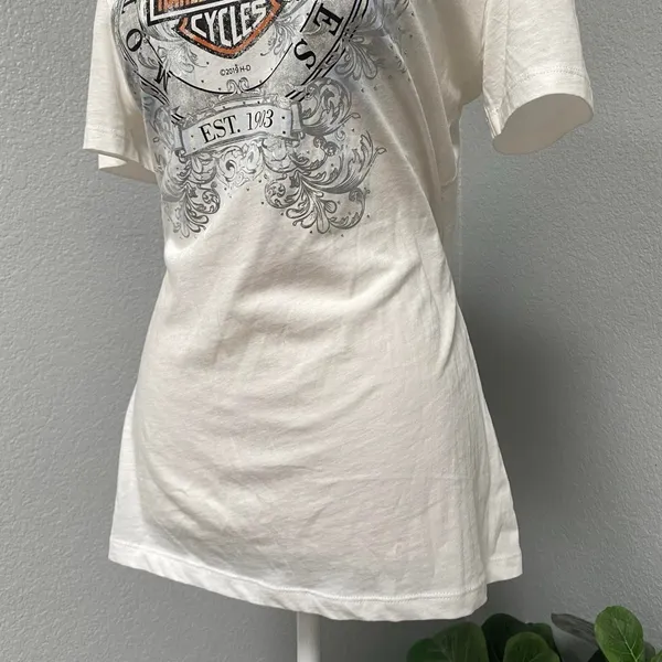 Harley Davidson White Graphic Tee Shirt Silver Floral Print Big Barn Carnival - Image 3