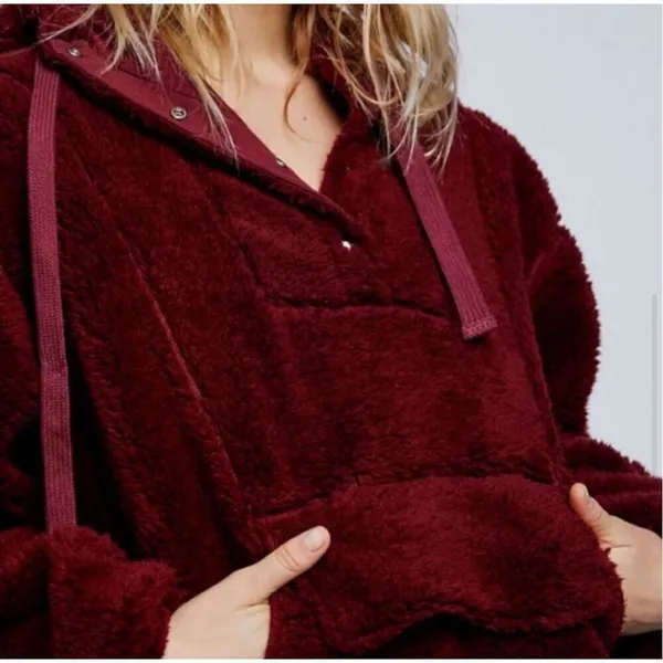Free People Run My‎ Way Fleece Sherpa Jacket Oversized Plush Hoodie Maroon Small - Image 5