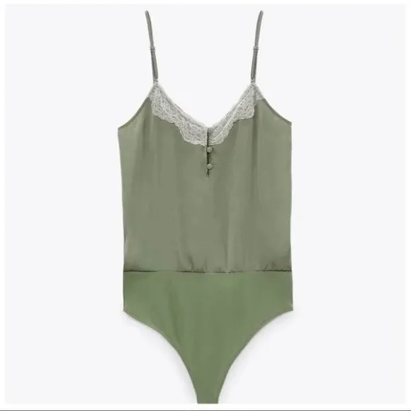 NWT green‎ silk bodysuit lace trim - Image 4