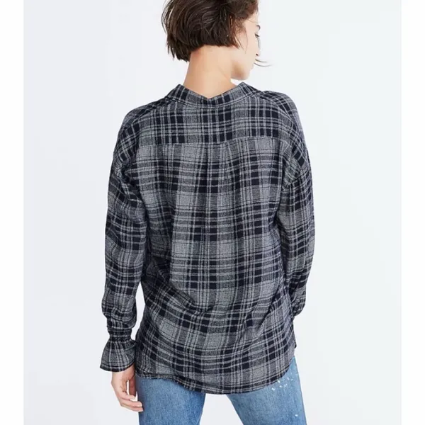 Madewell Black Gray Plaid Westward Bell Sleeve Wool Shirt Small - Image 2