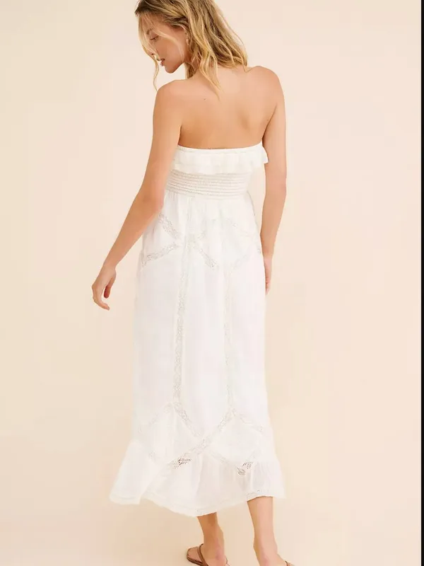 Free People Hi Hello White Cotton Smocked Strapless Lace Trim Midi Dress Size M - Image 14
