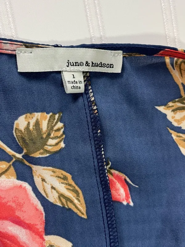 June & Hudson Floral Tie Front‎ Cutout Midi Dress Navy Rose Print Size Large - Image 5