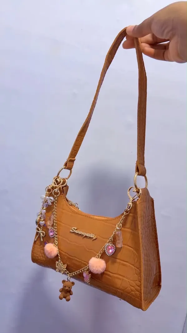 Brown Crocodile Embossed Shoulder Bag with Charm Chain & Teddy Bear Details - Image 5